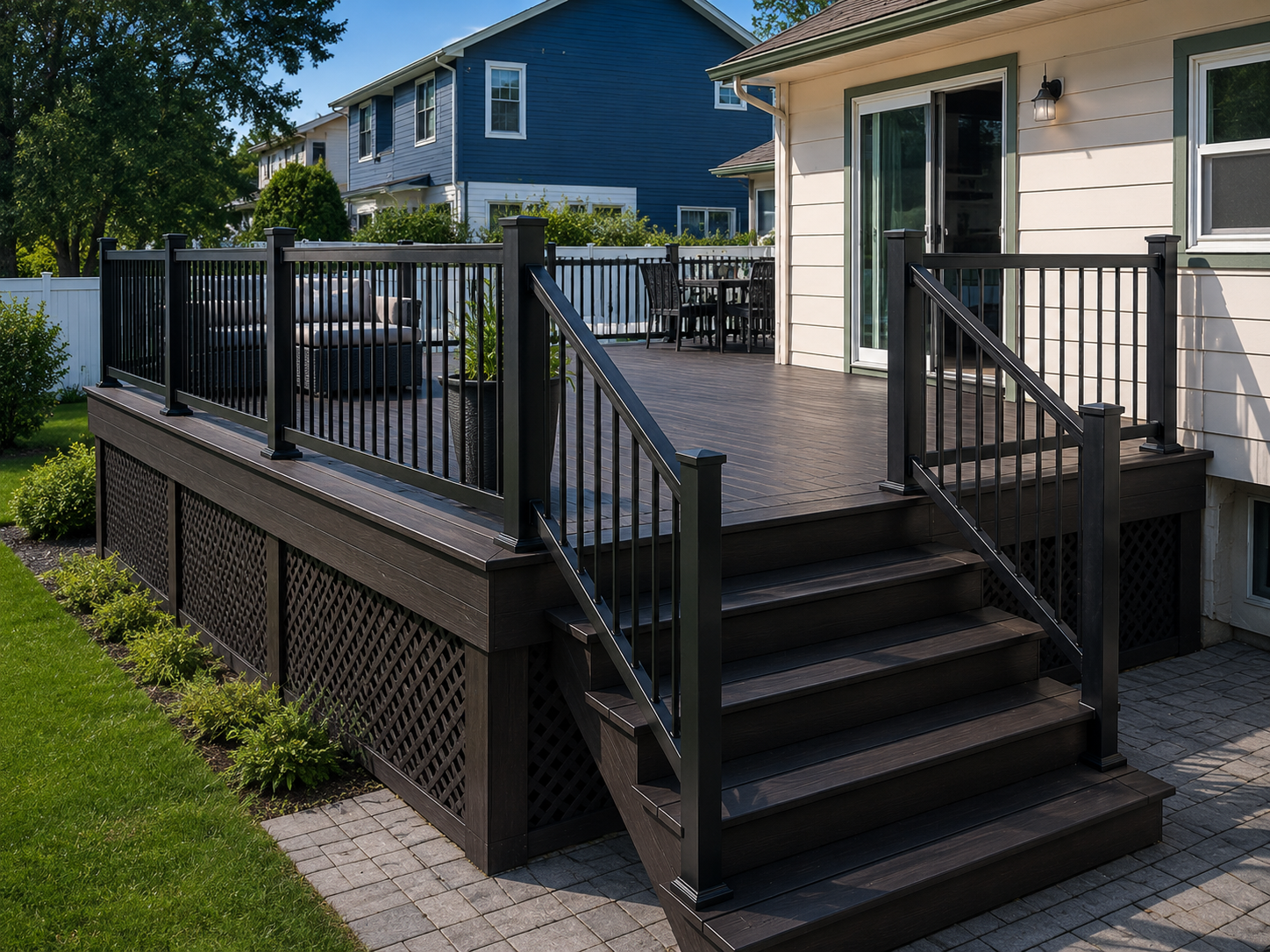 Completed deck construction with black railings and finished stairs