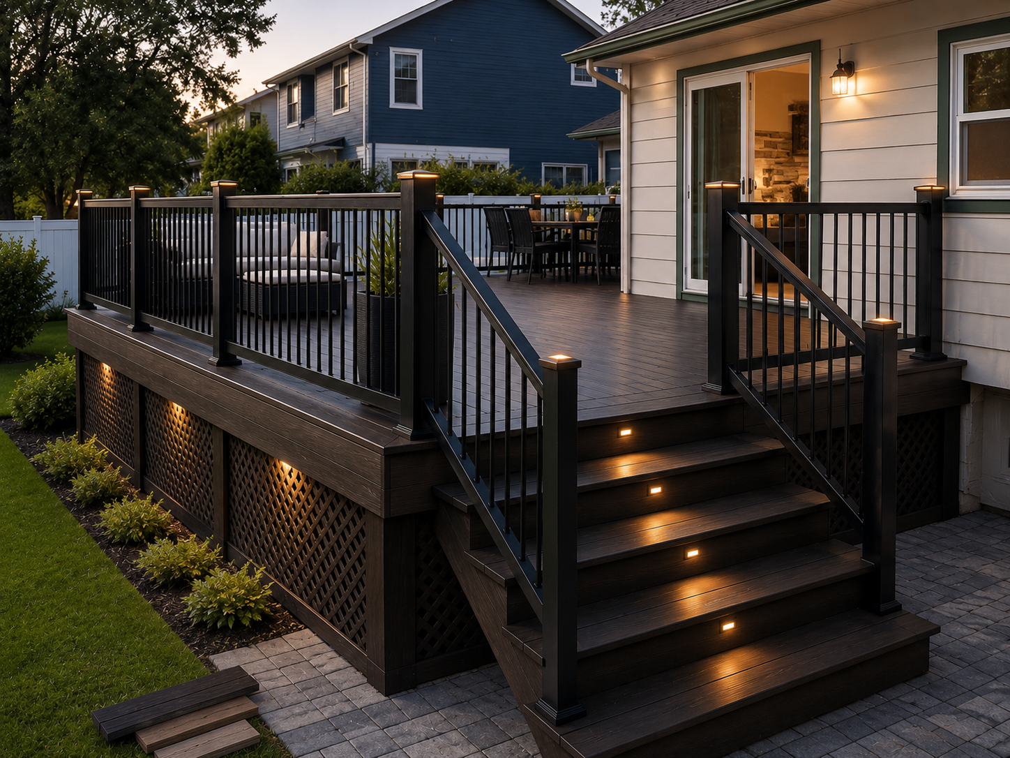 Remodeled deck at dusk with upgraded lighting and finished railings