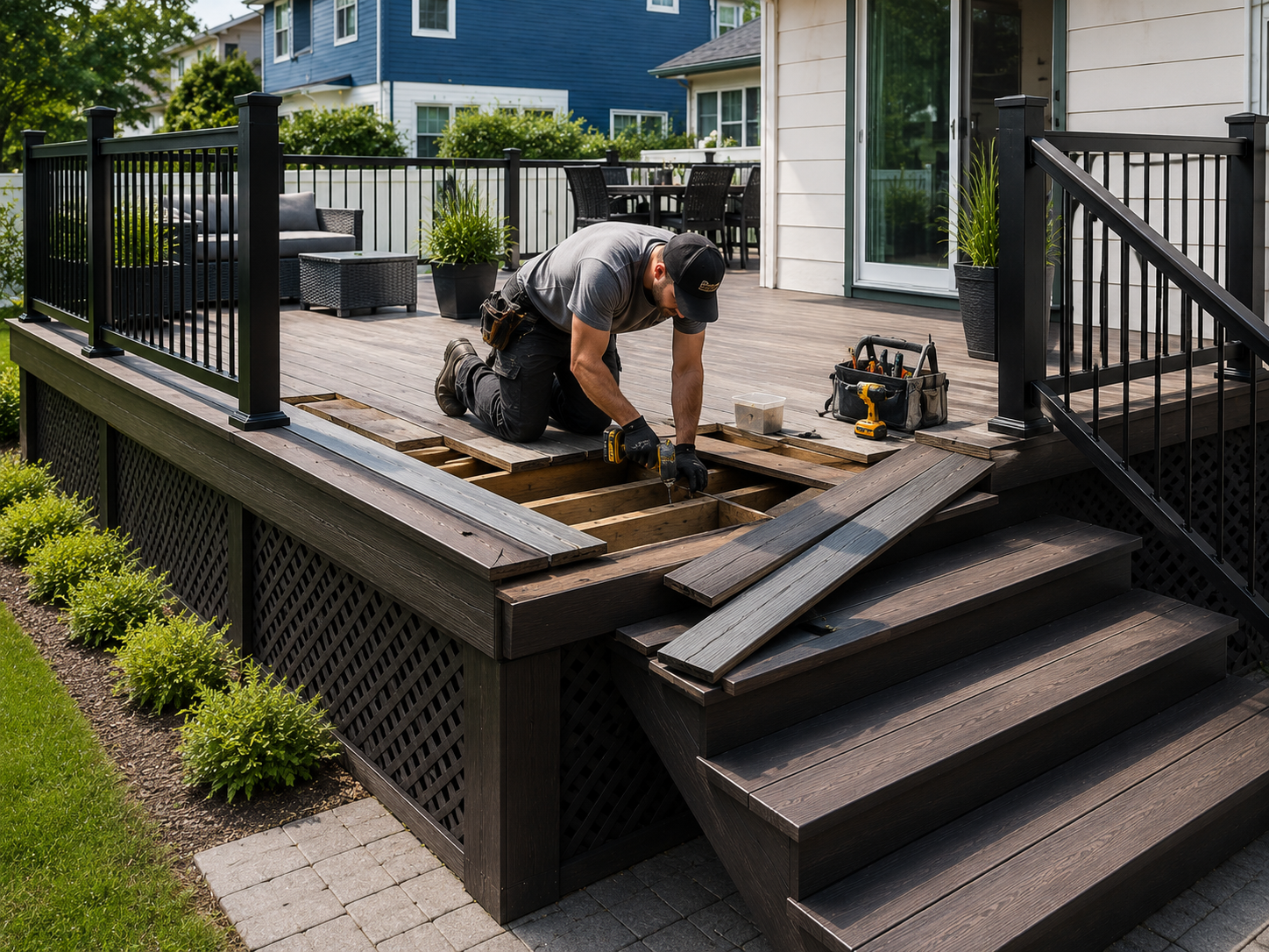 Deck repair in progress with contractor replacing deck boards