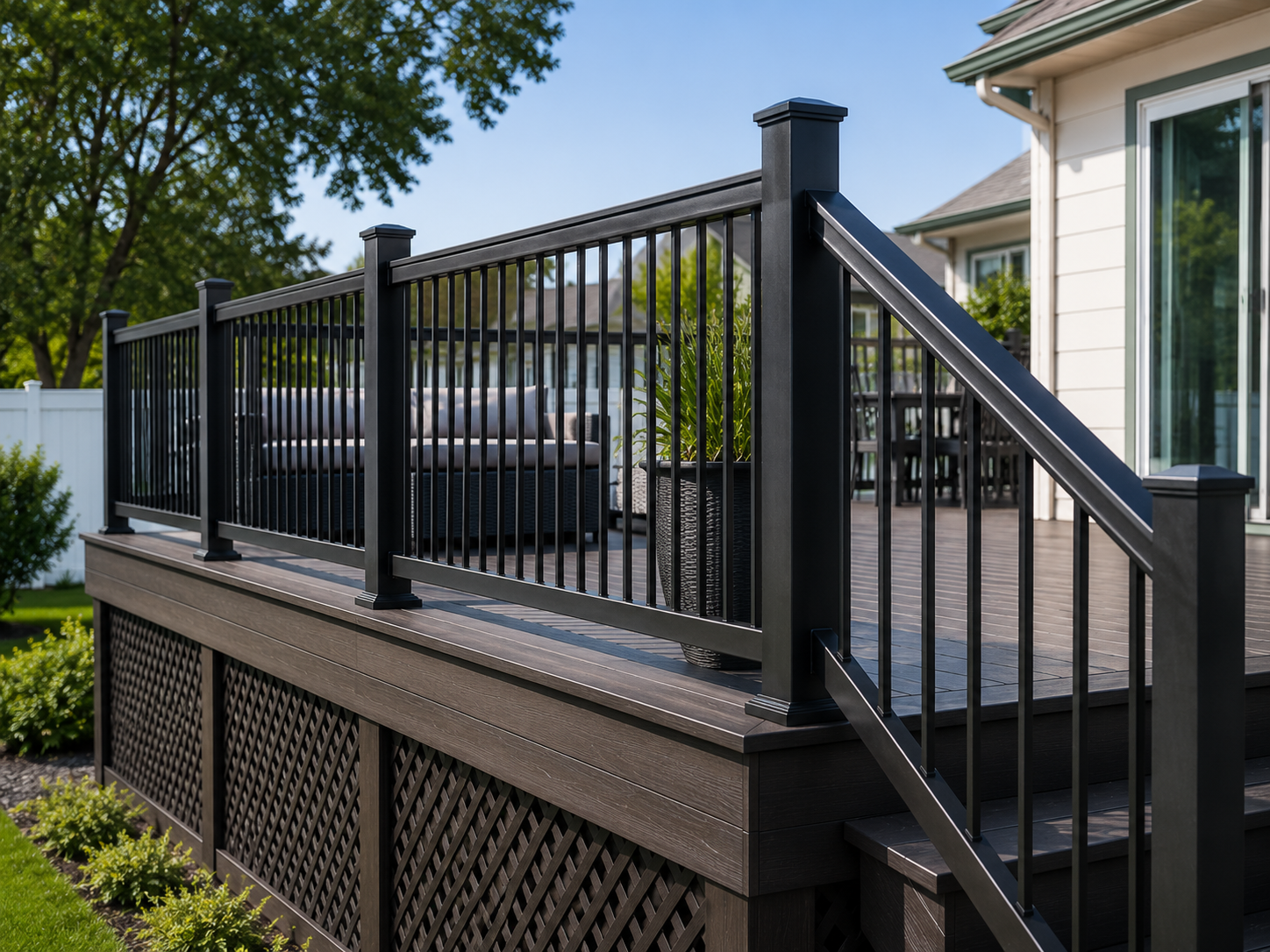Black metal deck railing installation close-up